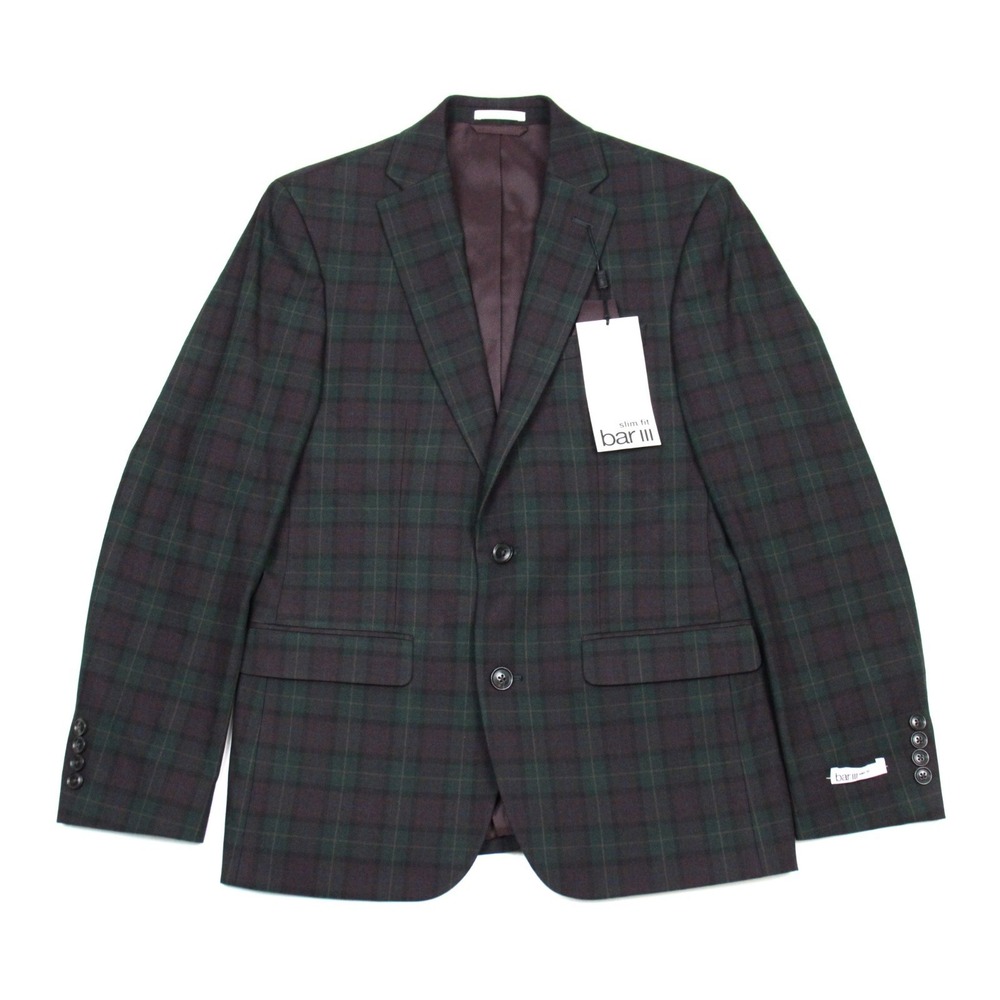$425 Bar III Mens Green Burgundy Suit Jacket 42 L Slim Fit Wool Blend Stretch